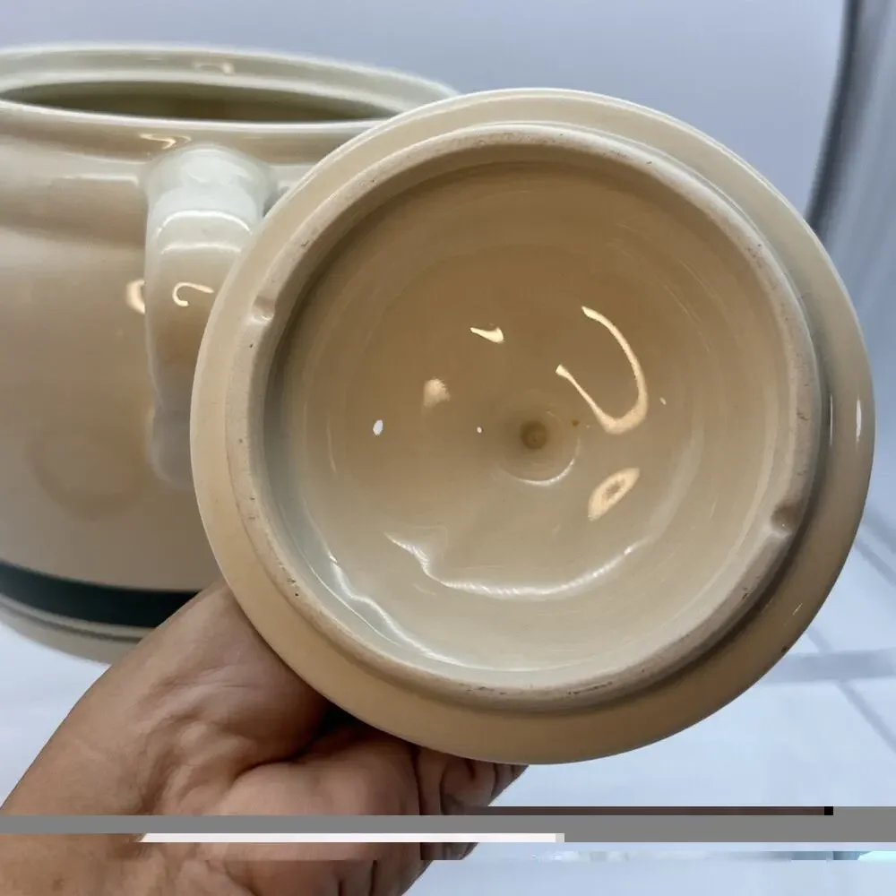 Roseville Ohio 3 Qt. Bean Pot Cookie Jar with Lid Green Stripes READ
